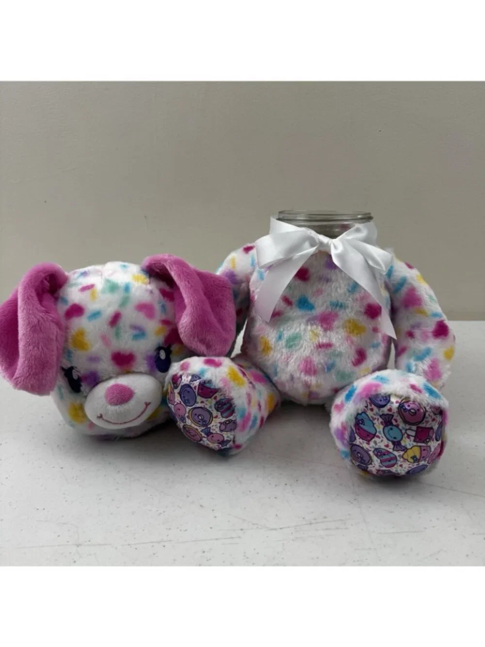 Puppy Stash Jar Pink & White Puppy Dog Plush Hide Valuables Secret Storage
